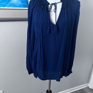 Lucky Brand Navy Blue Blouse with Black Embroidery